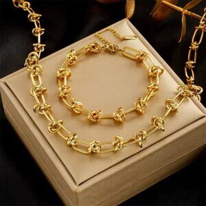 Graduated Link 18K Gold Stainless Steel Knot Necklace&Bracelet Set